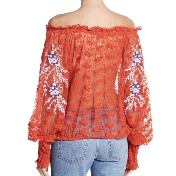 Free People Jubilee Red Embroidered Floral Mesh Oversized Top Womens Size XS - Picture 2 of 16